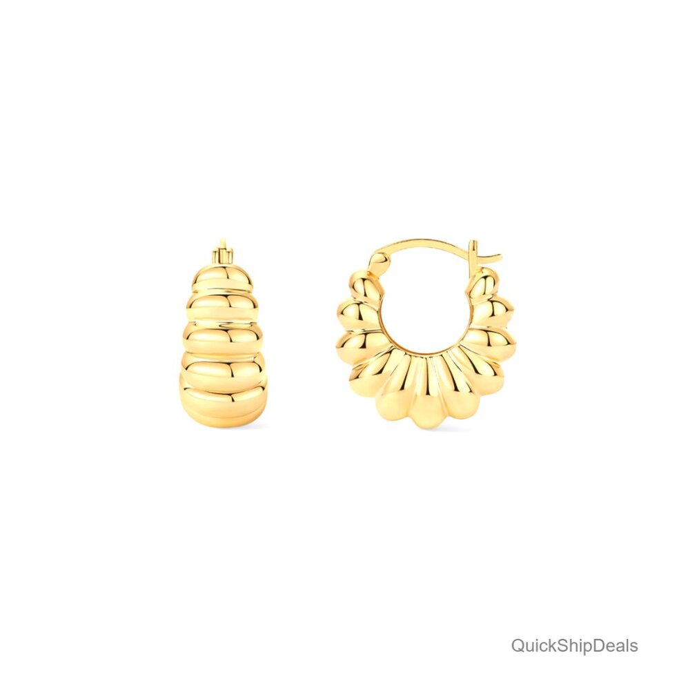 Chunky Ribbed Hoop Earrings, 14K Gold Plated, 20.4mm Statement Huggies